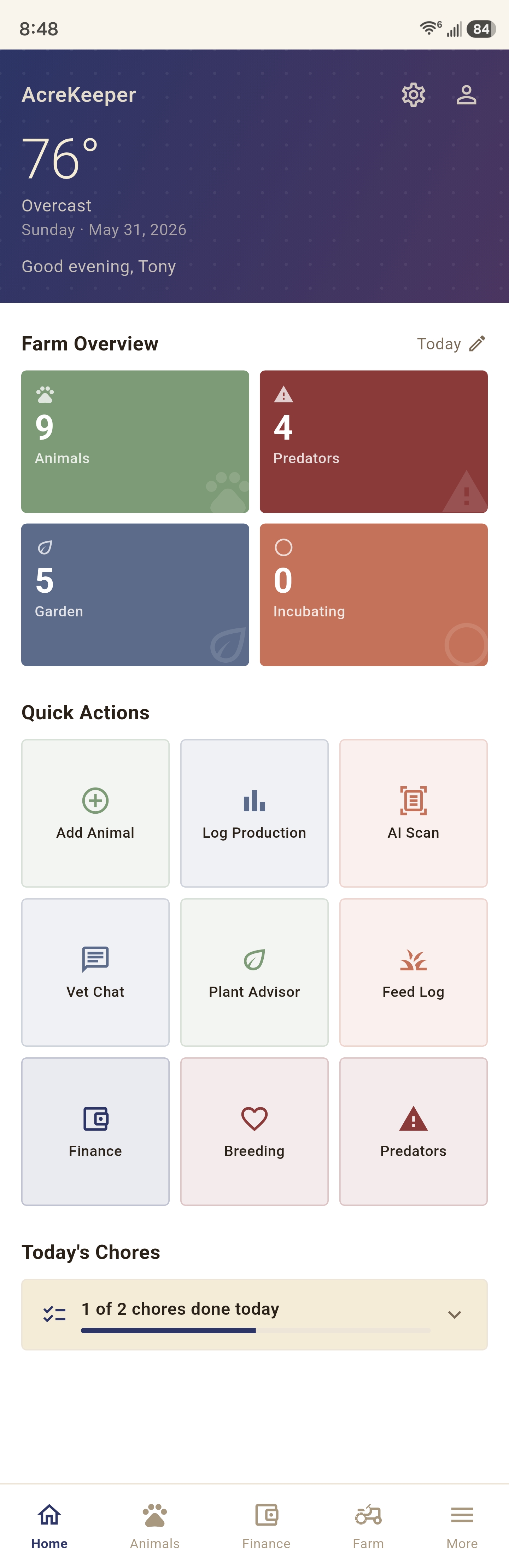 AcreKeeper home screen